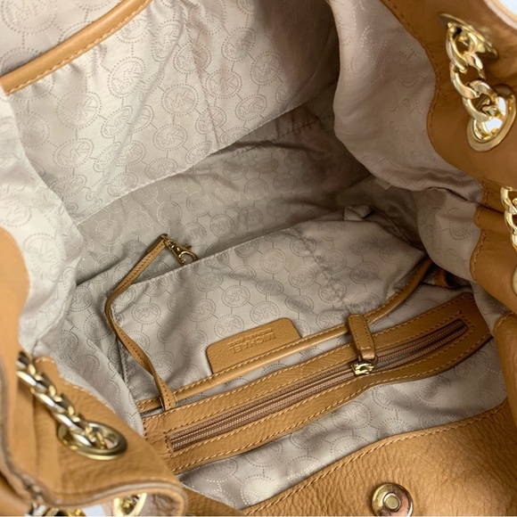 Michael Kors Gold Chain Jet Set Drawstring Tan Brown Leather Satchel Purse - Picture 8 of 12